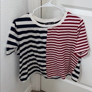 half & half split striped cropped tee